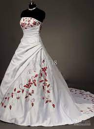 Discount Vintage White Strapless Satin With Dark Red Embroidery Wedding Dress Of Bride Lace Up Corset Back Backless Wedding Dress Expensive Wedding Dresses From Red Wedding Dresses Embroidered Wedding Dress Wedding Dresses