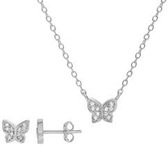 Petit Cheris Sterling Silver Cubic Zirconia Butterfly Necklace Stud Earring Set Stud Earrings Set Butterfly Necklace Earring Set