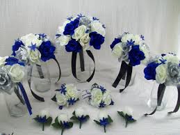 Black And Silver Wedding Bouquet Royal Blue Horizon Blue Black Silver And Ivory Bridal Bouquets Silk Rose Wedding Package 13 Pieces Made To Order By Van Caron Collection Silk Flowers Wedding Blue Wedding Decorations Ivory Bridal Bouquet