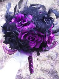 Black And Purple Roses Bridal Wedding Bouquet 12 Roses Black And Purple Roses Chandelle Feathers Punk 25 00 Via Etsy Wedding Bouquets Wedding Bridal Bouquets Purple Roses