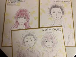 Eiga koe no katachi) is a 2016 japanese animated family drama film produced by kyoto animation, directed by naoko yamada and written by reiko yoshida, featuring character designs by futoshi nishiya and music by kensuke ushio. A Silent Voice Movie Promotional Artwork Set Manga Shoko Shoya Art Card 9 5x6 5 Voices Movie Card Art Anime Songs