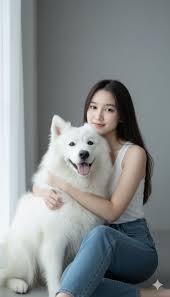 Create indoor portrait of woman hugging dog