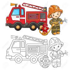 Aperçu De La Page De Coloriage Du Camion De Pompiers De Dessin Animé Avec  Pompier Ou Pompier. Lutte Contre Lincendie. Transports Professionnels.  Livre De Coloriage Pour Les Enfants. Clip Art Libres De