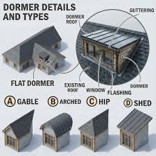 an educational infographic titled "Dormer Details and Types," which  provides a visual breakdown of the structural components of a dormer and  illustrates four common architectural styles. A dormer is a roofed  structure,