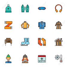 Scarf and sweater, christmas mittens and cap illustration. Winter Season Clothes Filled Outline Icons Set Line Vector Symbol Royalty Free Cliparts Vectors And Stock Illustration Image 138786527
