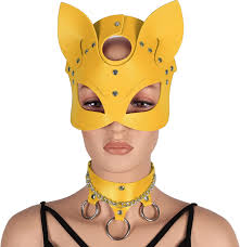BANSSGOTH Maschera da coniglio in pelle da donna Collana girocollo in pelle  con catena di metallo Maschera per animali a mezza faccia Maschera in  maschera Costume di Halloween per feste (arancia) :