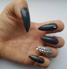 So, here we are showing you how extremely well it collaborates with both short and longs nails. 12 Hand Painted False Nails Dark Grey Diamante Glitter Coffin Stiletto Oval Ebay