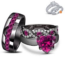 His Her Engagement Ring Trio Set Heart Shape Pink Sapphire Black Gold Finish Black Gold Ring Black Gold Jewelry Vintage Engagement Rings Unique