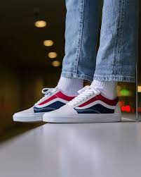 new arrival vans old skool white red dress blues available online and in store titoloshop basel mens vans shoes blue shoes outfit boys vans shoes