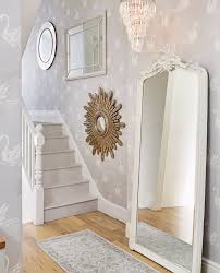How Sweet Is This Grey Swan Print Wallpaper This Is Such A Romantic And Sweet Stairway This Wallpaper Is Hallway Decorating Home Furnishings Wood Home Decor