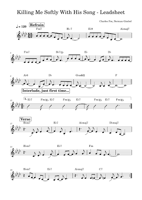 Killing me softly with his song – Roberta Flack Killing Me Softly With His  Song - Leadsheet / Roberta Flack Sheet Music with Chords for Piano (Mixed  Ensemble) easy | MuseScore.com