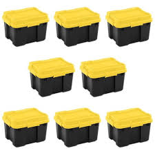 Most of our warehouse storage bin cabinets, including the kingcab, are outfitted with ultra stacking plastic bins by quantum, akro, schaeffer, lewis bins and other top brands. Sterilite 18319y04 20 Gallon Heavy Duty Plastic Storage Container Box With Lid And Latches Yellow Black 8 Pack Target
