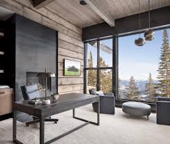 This modern, rustic home office features an open desk used to create a large work area without taking up much visual weight. Rustic Modern Home Office Novocom Top