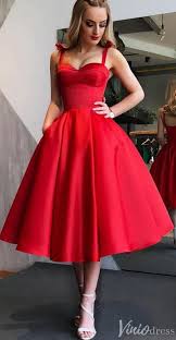 Tea Length Red 60s Party Dresses Simple Prom Dress With Pockets Fd1263 Red Homecoming Dresses Red Prom Dress Homecoming Dresses Short Cheap