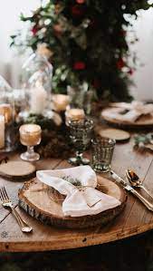 Classic Rustic Holiday Wedding Place Setting With Wood Centerpieces And Cloth Nap Rustic Wedding Table Decor Wedding Table Decorations Diy Rustic Wedding Table