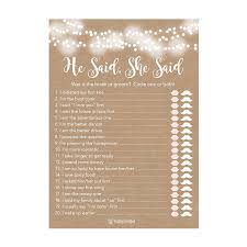 The professional printing option is one more step towards simplicity. 25 Rustic Wedding Bridal Shower Engagement Bachelorette Anniversary Party Game Ideas He Said She Said Cards For Couples Funny Co Ed Trivia Rehearsal Dinner Guessing Question Fun Kids Supplies Kit Walmart Com