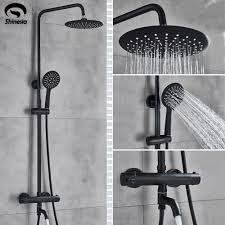 Matte black thermostatic tub and shower faucet set with rain shower head and hand shower. Luxury Matte Black Shower Faucet Set 3 Function Switch Wall Mount Rain Shower Faucet With Hand Shower Tub Spout Hot Cold Mixer Buy At The Price Of 122 00 In Aliexpress Com Imall Com