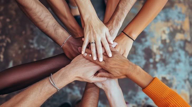 Mãos de pessoas se unindo, simbolizando solidariedade