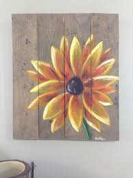 Yellow Flower Painted With Acrylic On Reclaimed Pallet Wood Pallet Art Flower Painting Painting On Wood