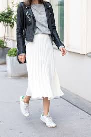 Black And White Pleated Skirt Sporty Look With A White Pleated Skirt And Sneakers A Grey Top And A Black Leather Jacket Fashion Street Style Casual Fashion