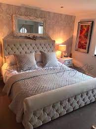 Crushed Velvet Chenille Chesterfield Upholstered Foot Sleigh Bed Double King Sleigh Bed Master Bedroom Bedroom Interior Luxurious Bedrooms