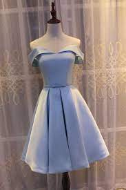 Light Blue Off Shoulder Satin Bridesmaid Dress Blue Short Formal Dress 2019 Homecoming Dresses Satin Homecoming Dress Blue Bridesmaid Dresses Short