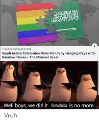 Maybe you would like to learn more about one of these? Themideastbeastcom Saudi Arabia Celebrates Pride Month By Hanging Gays With Rainbow Noose The Mideast Beast Well Boys We Did It Homophobia Is No More Vruh Rainbow Meme On Me Me