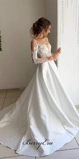 Illusion Long Sleeves Lace Top A Line Satin Wedding Dresses Bridal Go Berryera Weddingdresses Lac Wedding Dresses Wedding Dress Long Sleeve Bridal Dresses