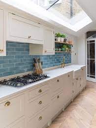 Grey Kitchen With Sky Blue Tiled Splashback Colour In The Kitchen First Sense Kitchen Remodel Home Decor Kitchen Blue Kitchen Tiles