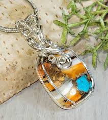 Spiny Oyster Turquoise Wire Wrapped Sterling Silver Wire Wrapped Pendant,  Handmade Wire Wrapped Turquoise Pendant, Designer Jewelry, HC27