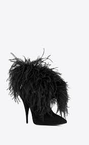 Saint Laurent Lily Ankle Boots In Suede And Ostrich Feathers Ysl Com Feather Shoes Ostrich Feathers Ankle Boots