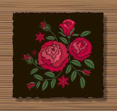 How to embroider flowers on clothes. Premium Vector Embroidery Flowers With Sprigs On A Dark Flap Cloth And Wooden Texture Background Floral Ornament With Stitch Roses