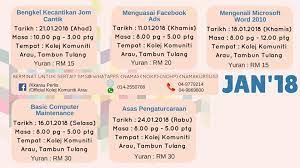 Pelbagai kursus pendek ditawarkan kepada komuniti setempat menerusi konsep pembelajaran sepanjang hayat (psh) di kolej komuniti kuantan. Jom Semak Jadual Kursus Official Kolej Komuniti Arau Facebook