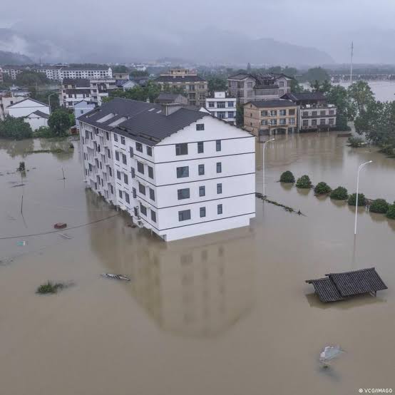 Aerial view of flooded residential areas and inundated streets following the arrival of Typhoon Dolphin in eastern China.