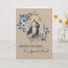 Birthday Card For Mother Mary Blue Floral Friend Birthday Virgin Mother Mary Card Zazzle Com Friend Birthday Catholic Birthday Card Cards