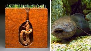 It has a prominent snout and small eyes. African Lungfish Can Survive On Land For Years