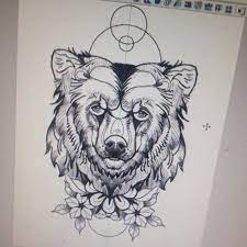 Sketch for tattoo or indian makhenda design. Traditional New School Bear Head With Flowers And Geometric Drawings Tattoo Design Tattooimages Biz