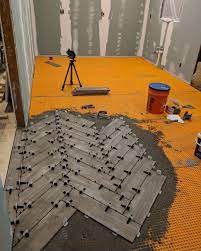 Progress Update Our Kitchen Floor Is In We Opted For A More Complicated Herringbone Pattern In A Wood P Wood Plank Tile Plank Tile Flooring Kitchen Tile Diy