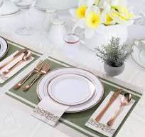 Focusline [175pack] Disposable Dinnerware Set 25 Guest-50 Rose Gold Rim  Plastic Plates-25 Rose Gold Plastic Silverware-25 Rose Gold Plastic Cups-25  ...