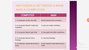 The differentiation between brain and computer is very useful in the field of cognitive science and artificial intelligence where the human brain is used to model the artificial neural network to create an expert system. Computer Class 2 Computer Vs Man Difference Between A Man And A Computer Youtube