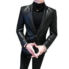 Men S Snakeskin Tattoo Pu Faux Leather Jacket Coat Business Casual Snake Skin Style Slim Suit Blazer Jackets B In 2020 Faux Leather Coat Faux Leather Jackets Slim Suit