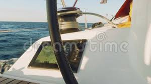 View Of Chart Plotter Fixed In Cockpit Near Wheel Of Yacht