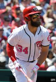 Washington Nationals Bryce Harper Watchers The Ball Sail Over The Fence As He Hits A Home Run With A Pink Bat On Moth Bryce Harper Homerun Washington Nationals