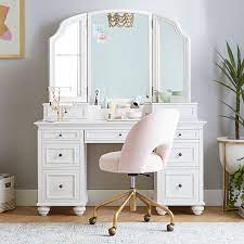 Greenforest vanity desk with glossy white tabletop, makeup table with 2 drawers, modern home office computer desk with golden legs. Chelsea Vanity Desk Super Set Pottery Barn Teen
