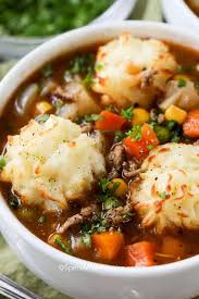 Shepherd S Pie Soup Has A Rich And Beefy Broth Loaded With Veggies And Topped With Delicious Potato Puffs Shepherds Pie Soup Recipes Puff Pastry Recipes Dinner