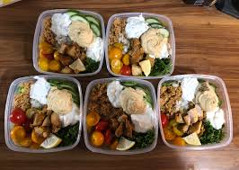 1 cup couscous with 1/2 cup chicken mixture (calculated without peanuts): Chicken Shawarma Bowls With Chicken Couscous Fresh Tomatoes Cucumber Garlic Sauce Hummus And Tzatziki Made From Scratch This Morning Mealprepsunday