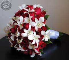 Succulents, roses, spray roses, orchids & greenery bouquet. Red Roses And White Singapore Orchids Bridal Bouquet Flowers Red Bouquet Red Wedding Flowers
