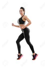 Sideview Of Posing Athletic Female. Smiling Woman With Fit, Curvy Body  Doing Sport Exercises. Model Having Slim, Stunning Figure, Wearing Sport  Trousers And Top, Also Sneackers For Professional Run. Stock Photo, Picture