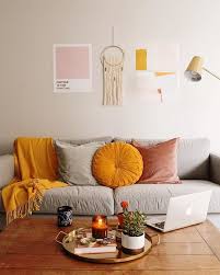 Living Room Inspiration Rose Quartz And Mustard Yellow Copper Lamp Grey Sofa Living Room Orange Yellow Living Room Living Room Decor Orange