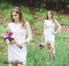 2019 Country Lace Wedding Dresses Sheath Short Garden Wedding Gowns With 3 4 Sleeves S Short Country Wedding Dress Lace Wedding Dress Country Beach Bridal Gown